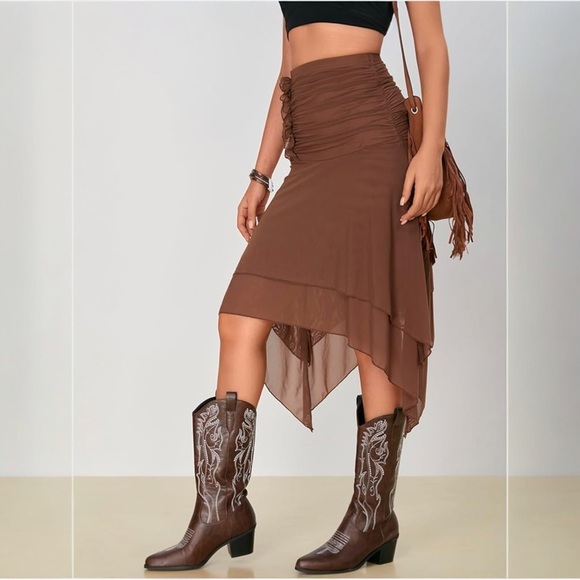 SHEIN Ruched Asymmetrical Skirt Brown Mesh Y2K Boho Western Large NWT - Picture 3 of 15